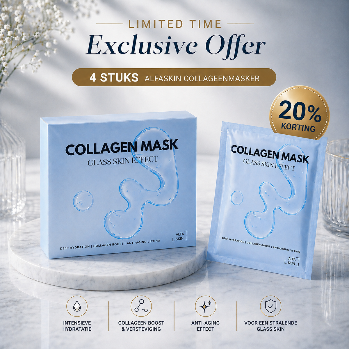 AlfaSkin Collageen masker glass skin 4 stuks