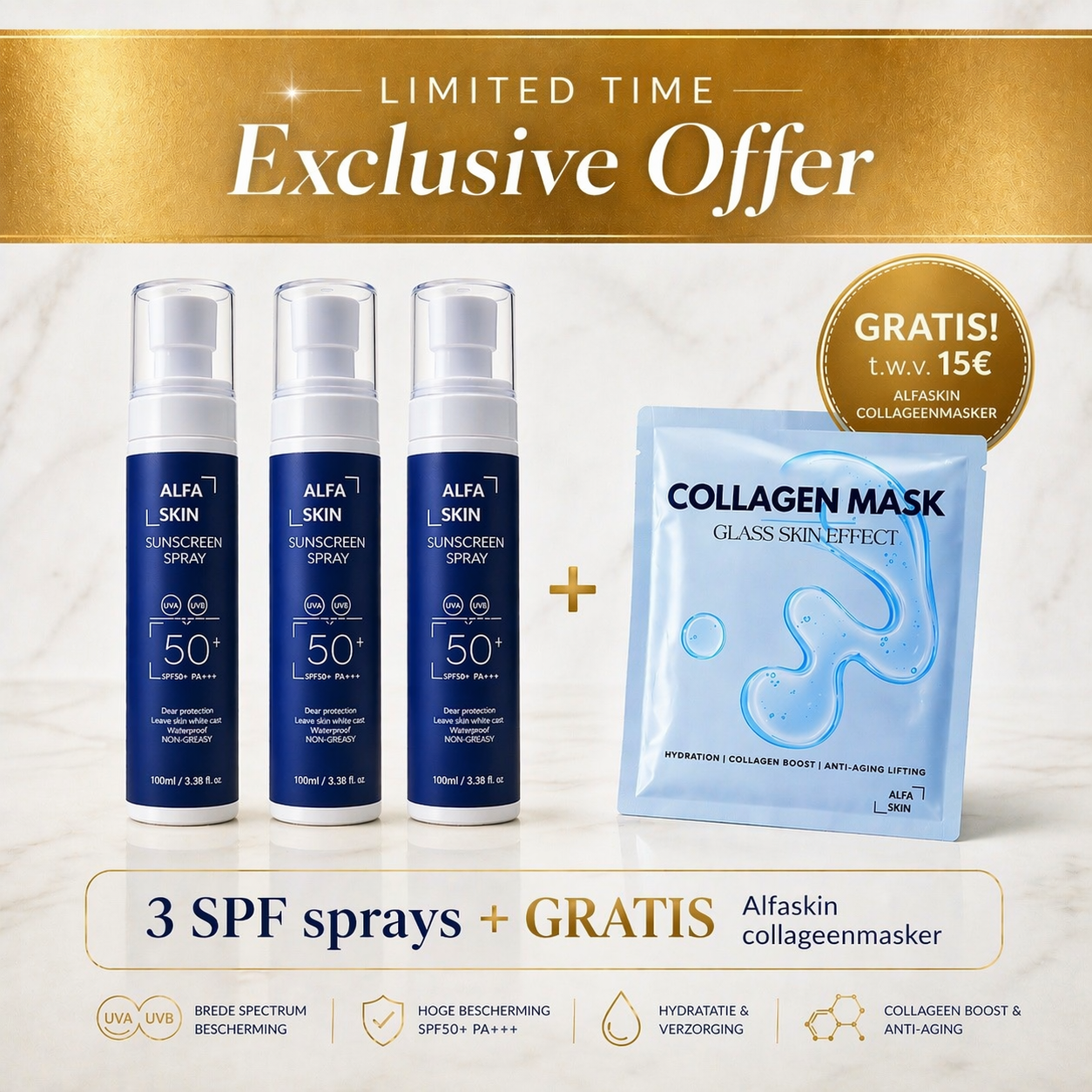 Alfaskin SPF 50 transparant spray - 3 stuks